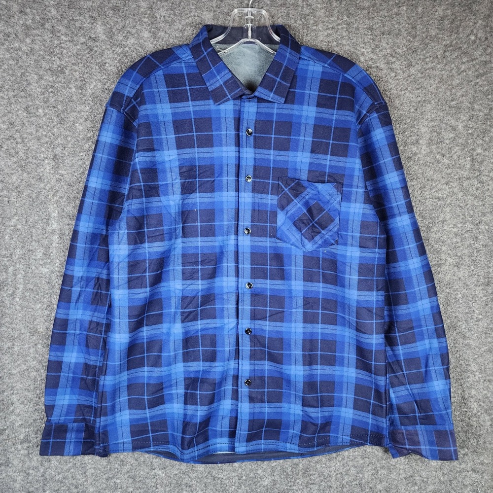 Unbranded Flannel Shirt Mens L Blue Plaid Fleece Lined Button Up Long Sleeve